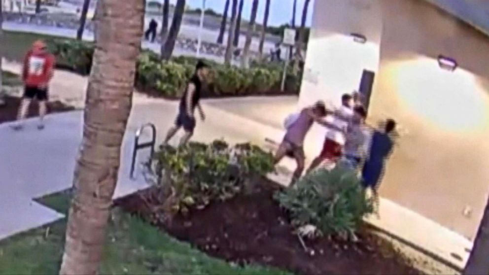 PHOTO: A gay couple was attacked outside a public restroom after Miami Gay Pride celebrations, April 8, 2018, in Miami Beach, Florida.