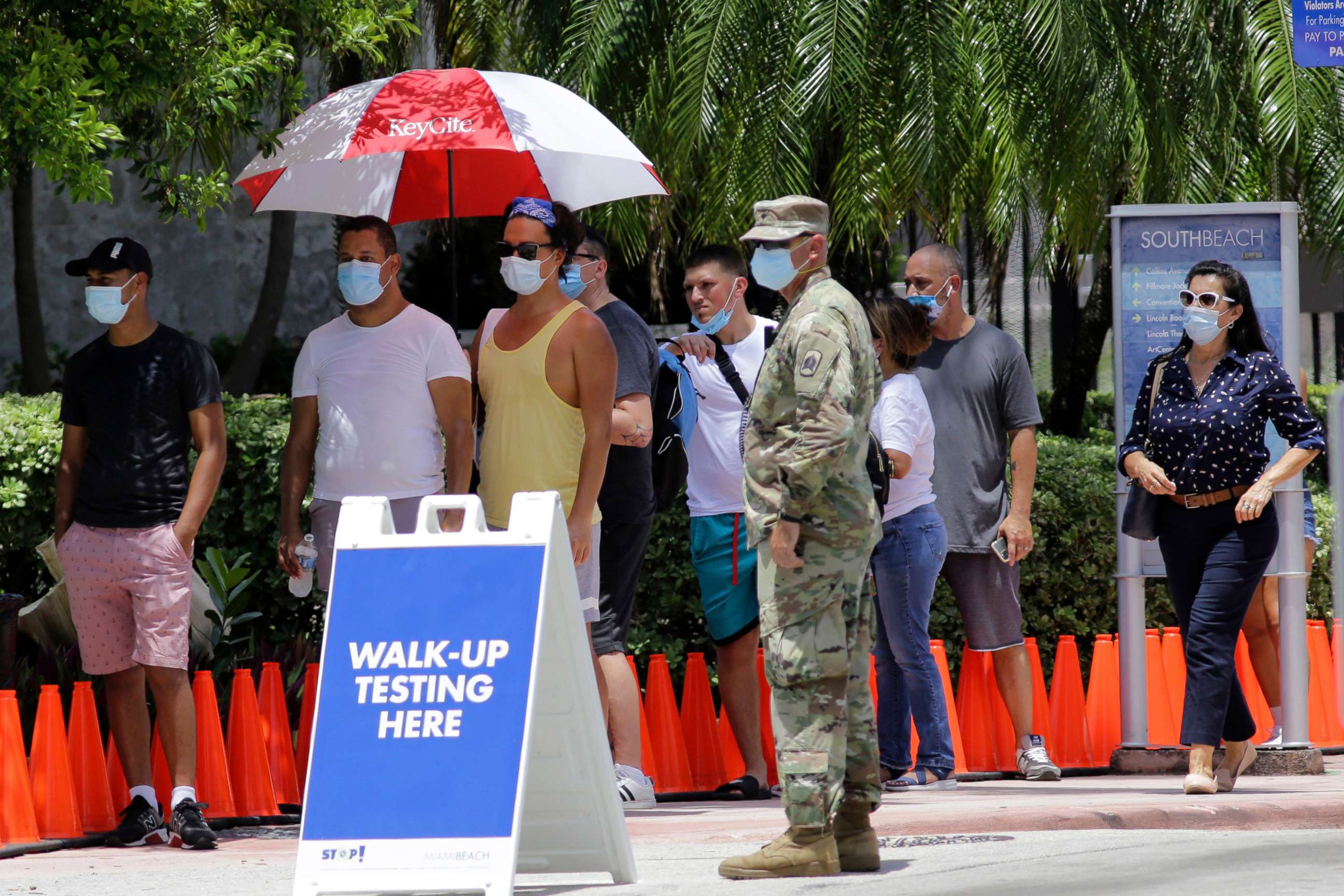 PHOTO: People wait in line at a walk-up testing site for COVID-19 during the coronavirus pandemic, June 30, 2020, in Miami Beach, Fla.