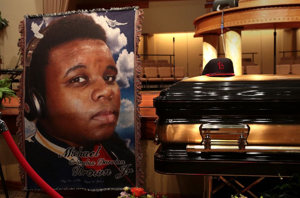 PHOTO: The casket of Michael Brown sits inside Friendly Temple Missionary Baptist Church awaiting the start of his funeral, on Aug. 25, 2014, in St. Louis Missouri. 