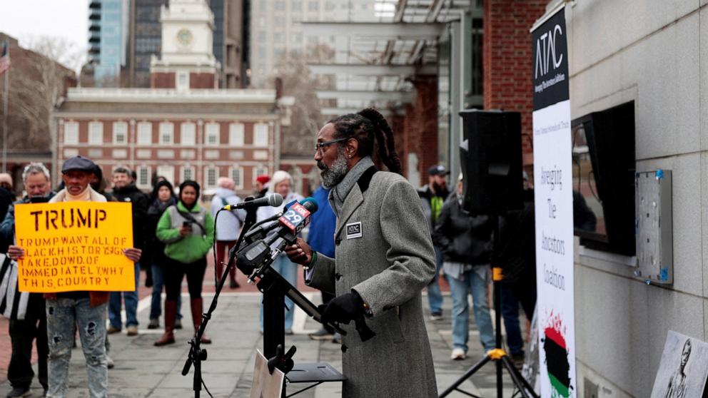 PHOTO: In this Feb. 19, 2026, file photo Michael Coard speaks after National Park Service workers reinstalled a slavery exhibit at the President's House, following a U.S. judge's order to reinstall it, in Philadelphia.
