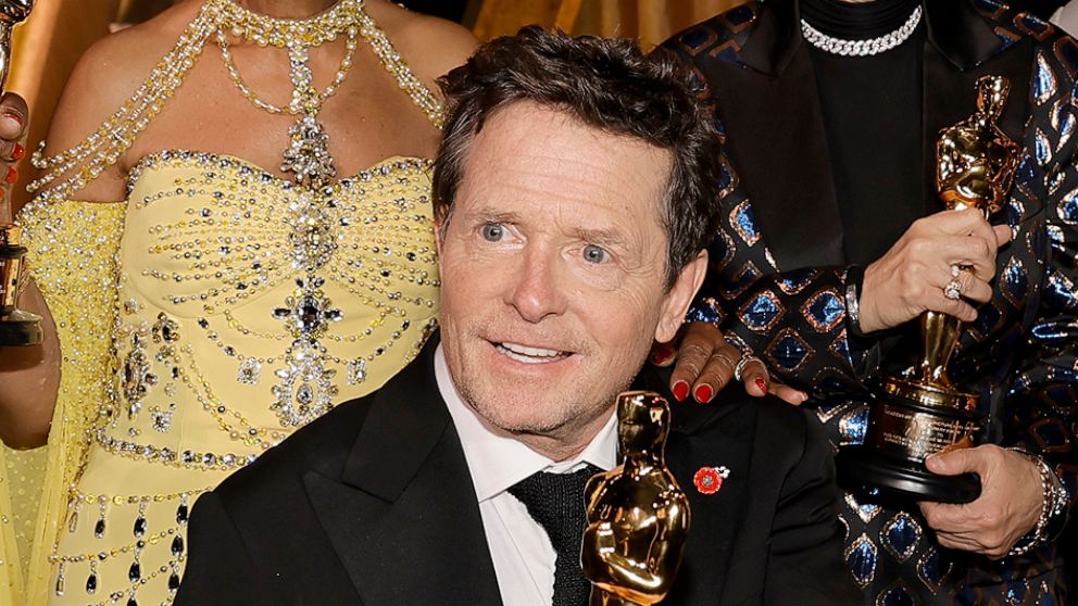 PHOTO: Michael J. Fox poses with his award during the Academy of Motion Picture Arts and Sciences 13th Governors Awards in Los Angeles, Nov. 19, 2022.