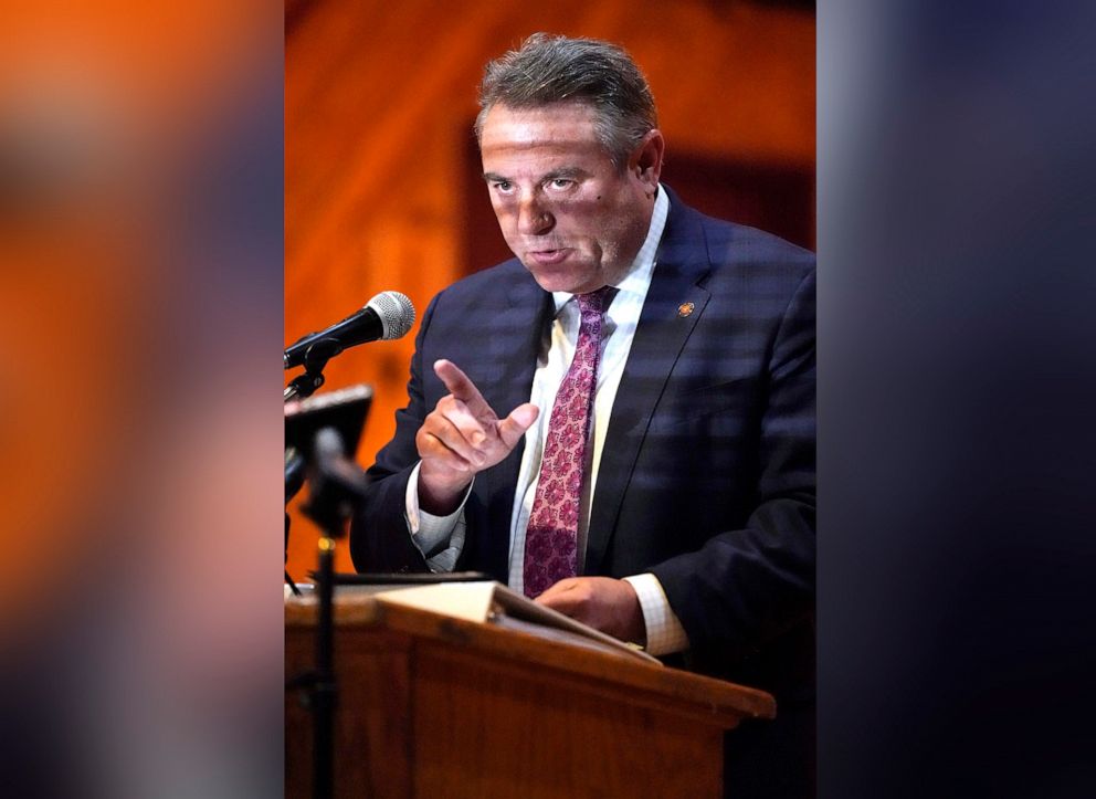 PHOTO: Sen. Michael McLendon addresses an audience attending the Mississippi Department of Education public comment hearing about proposed revisions to the state's academic standards for social studies, on Jan. 28, 2022, in Jackson, Miss.