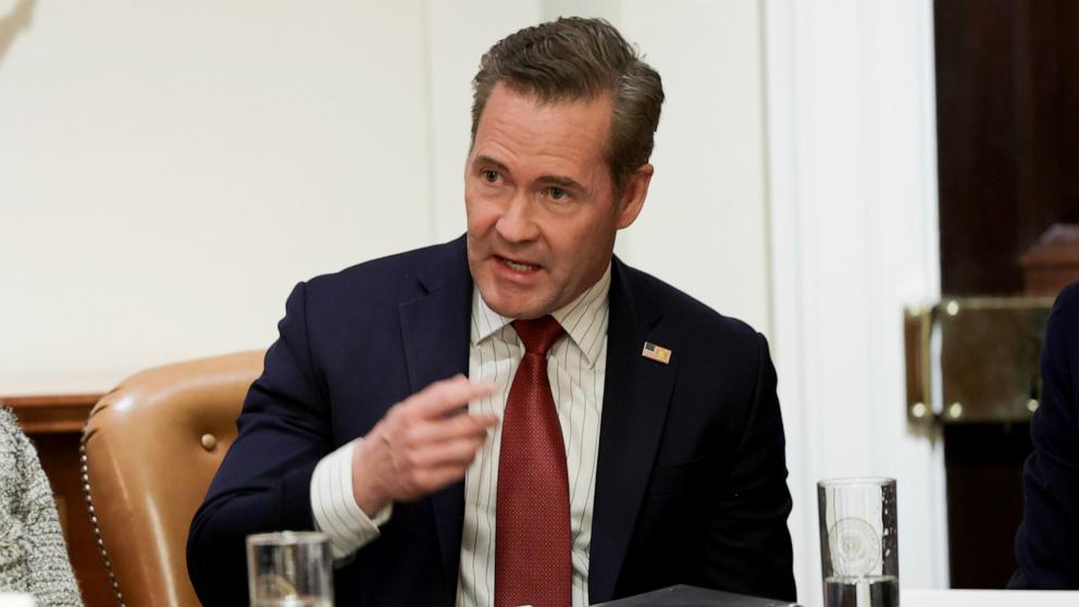 PHOTO: National Security Advisor Mike Waltz speaks during a meeting with President Donald Trump and US Ambassadors in the Cabinet Room of the White House in Washington, Mar. 25, 2025.