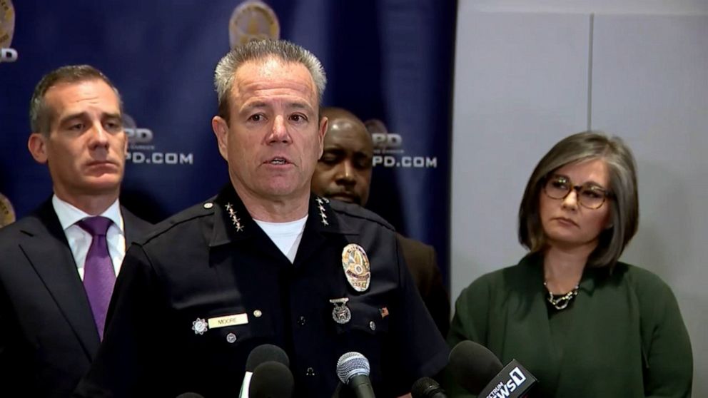 PHOTO: Michel Moore, Chief of police of the Los Angeles Police Department speaks at a press conference, April 2, 2019.