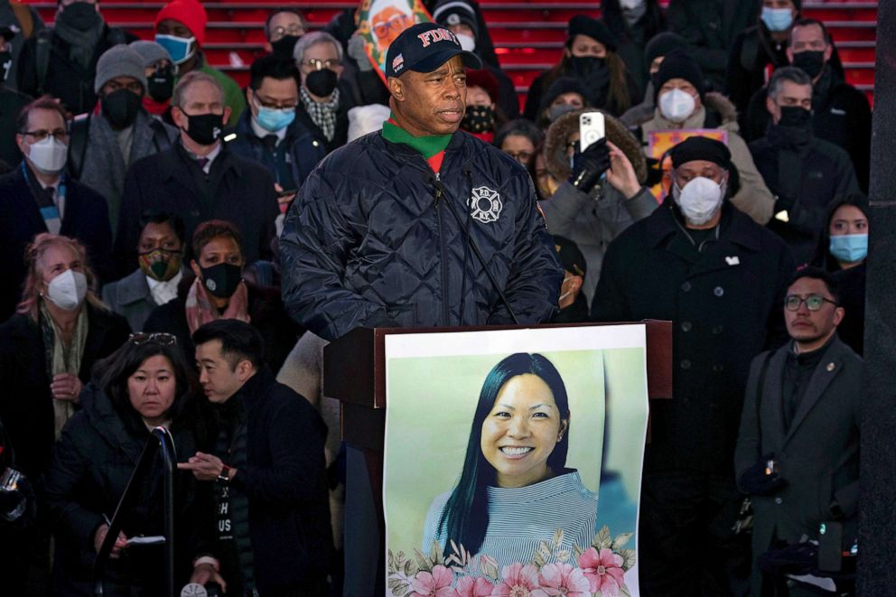 PHOTO: New York Mayor Eric Adams speaks during a candlelight vigil in honor of Michelle Alyssa Go, a victim of a subway attack, in New York's Times Square, Jan. 18, 2022. 