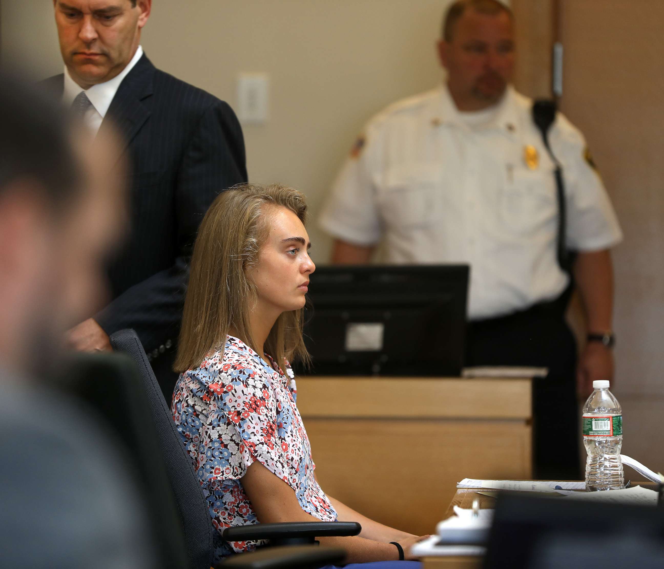 PHOTO: Michelle Carter, seated, as defense witness Dr. Peter Breggin is being crossed by ADA Katie Rayburn in Bristol Juvenile Court in Taunton, Mass., Jun. 13, 2017.