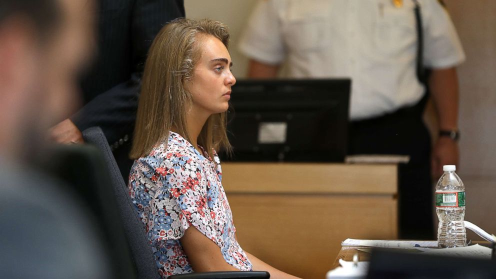 PHOTO: Michelle Carter, seated, as defense witness Dr. Peter Breggin is being crossed by ADA Katie Rayburn in Bristol Juvenile Court in Taunton, Mass., Jun. 13, 2017.