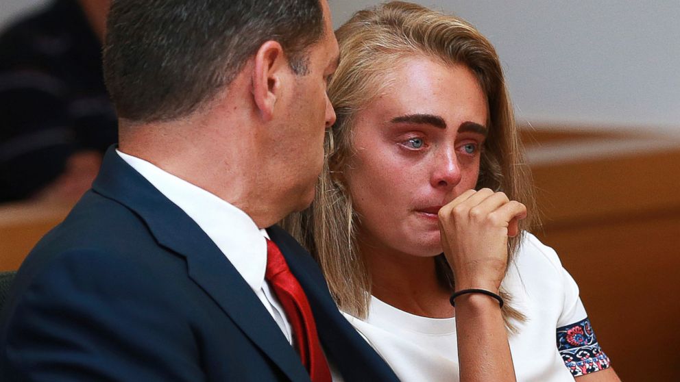 PHOTO: Michelle Carter awaits her sentencing at Taunton trial court in Taunton, Mass., Aug. 3, 2017, for involuntary manslaughter for encouraging Conrad Roy III to kill himself in 2014.
