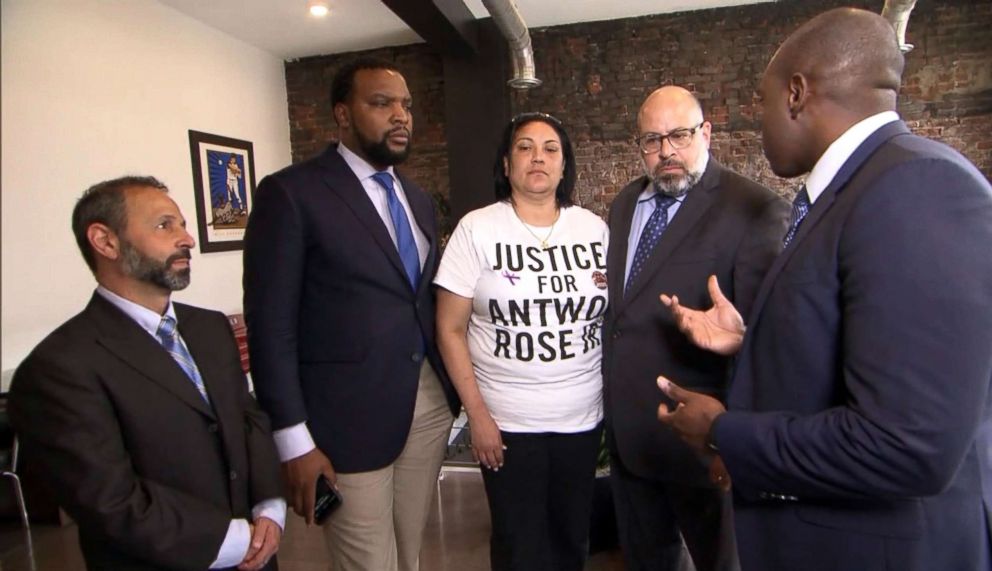 PHOTO: Antwon Rose's mother, Michelle Kenney, stands with attorneys Monte Rabner, Lee Merritt, and Fred Rabner during an interview with ABC News in Pittsburgh, June 27, 2018.