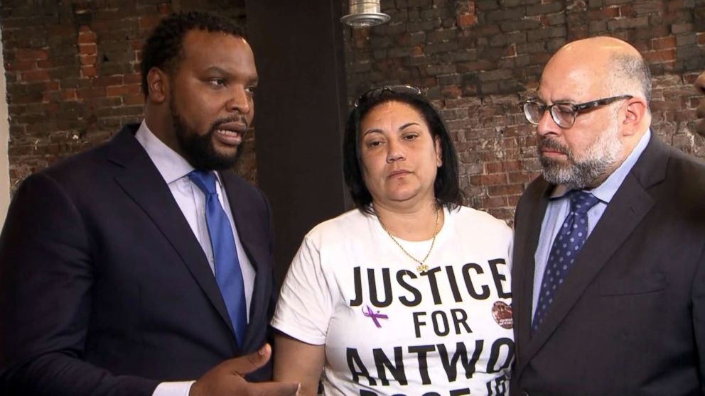 PHOTO: Antwon Rose's mother, Michelle Kenney, stands between attorneys Lee Merritt, and Fred Rabner during an interview with ABC News in Pittsburgh, June 27, 2018.