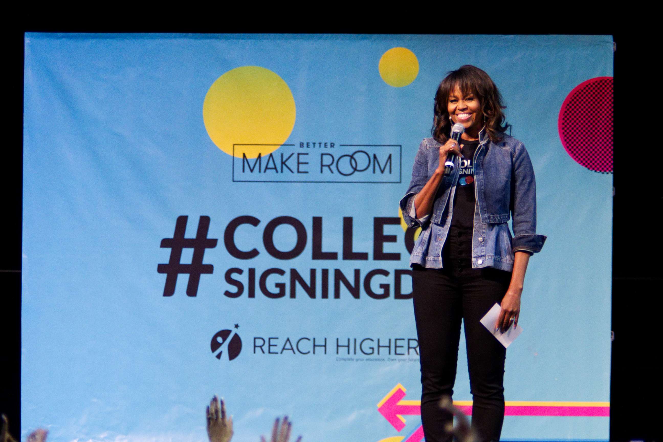 PHOTO: Michelle Obama speaks at College Signing Day, an event honoring Philadelphia students for their pursuit of a college education or career in the military, on May 2, 2018, at Temple University in Philadelphia.
