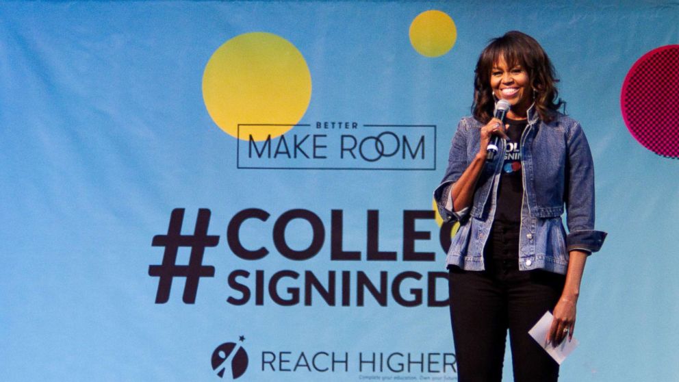 PHOTO: Michelle Obama speaks at College Signing Day, an event honoring Philadelphia students for their pursuit of a college education or career in the military, on May 2, 2018, at Temple University in Philadelphia.