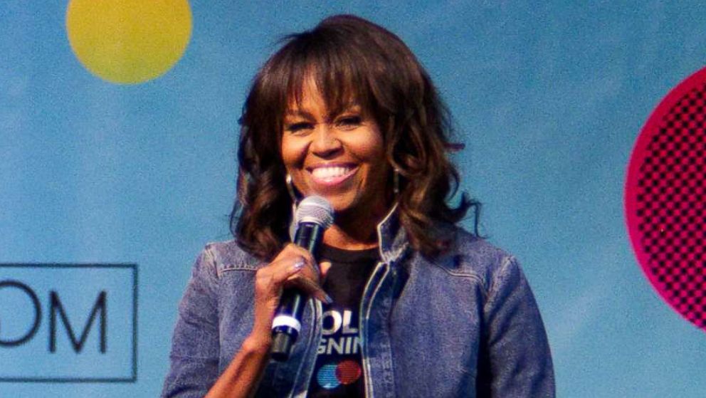 PHOTO: Michelle Obama speaks at College Signing Day, an event honoring Philadelphia students for their pursuit of a college education or career in the military, on May 2, 2018, at Temple University in Philadelphia.