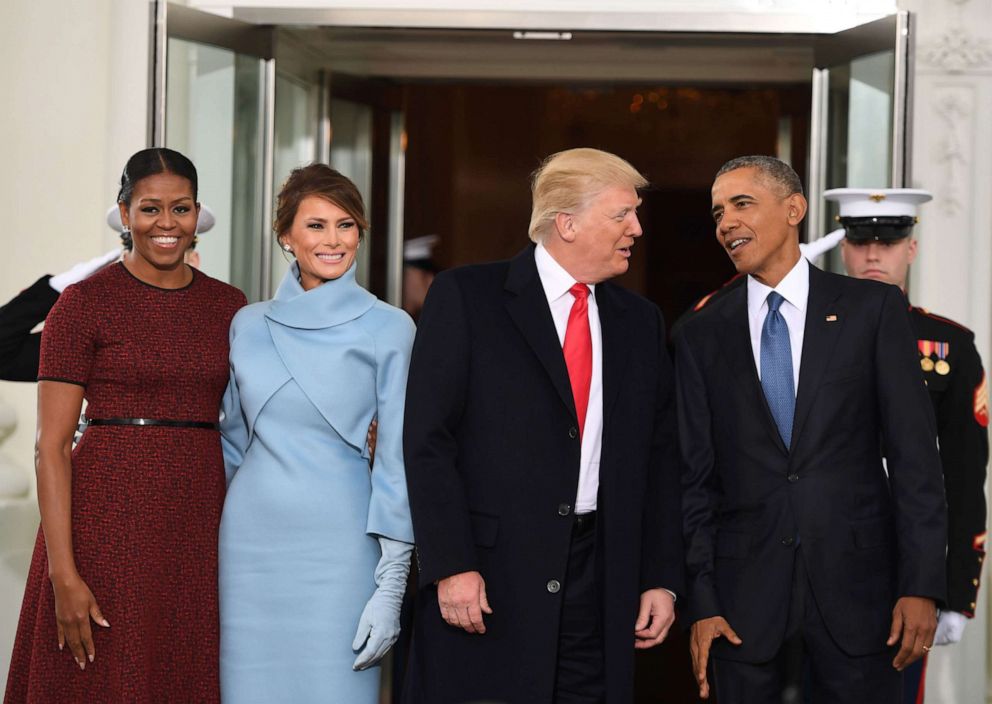 PHOTO: President Barack Obama and First Lady Michelle Obama welcome Preisdent-elect Donald Trump and his wife Melania to the White House in Washington, DC., Jan. 20, 2017.