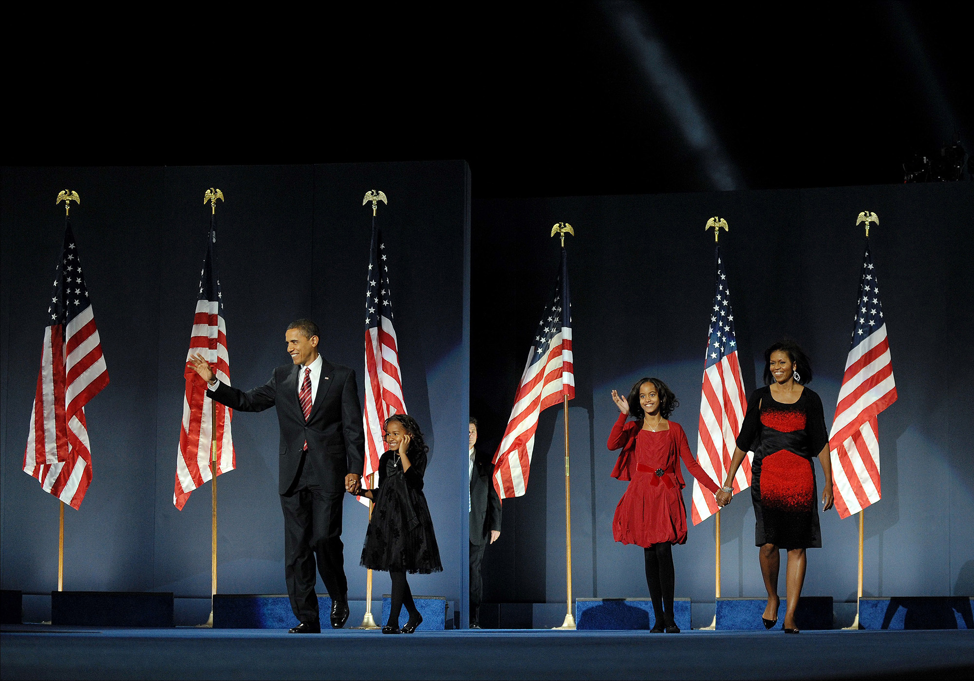 PHOTO: Barack Obama with his daughters Sasha and Malia, and wife Michelle on election night in Chicago, Nov. 5, 2008.