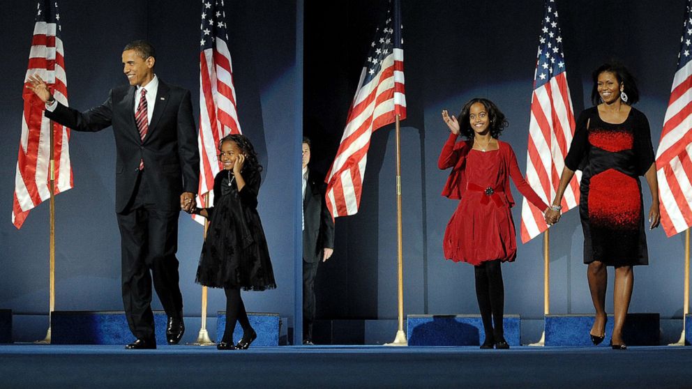 PHOTO: Barack Obama with his daughters Sasha and Malia, and wife Michelle on election night in Chicago, Nov. 5, 2008.