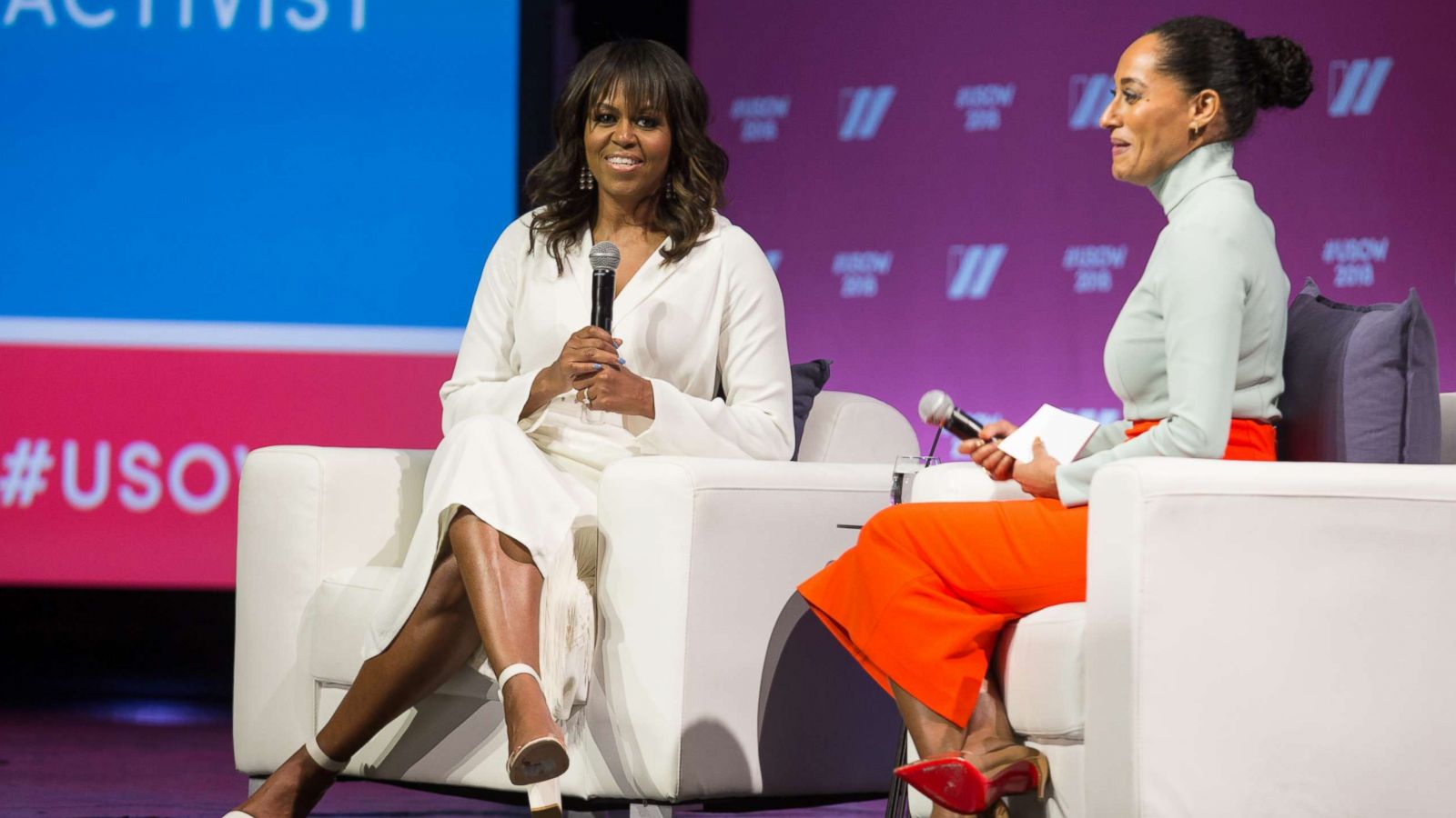 PHOTO: Former first lady Michelle Obama and actress Tracee Ellis Ross have a conversation on stage at The United State of Women Summit 2018 in Los Angeles, May 5, 2018.