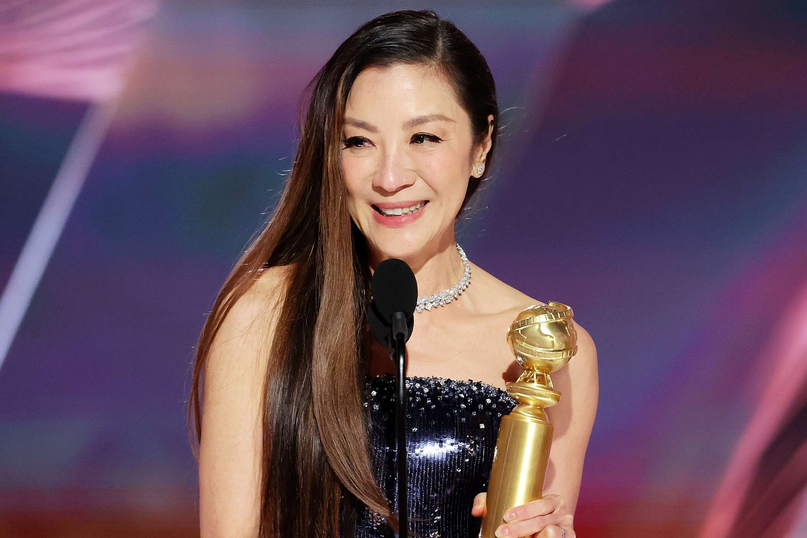 PHOTO: In this handout photo provided by NBC, Michelle Yeoh accepts the Best Actress in a Motion Picture Musical or Comedy award onstage during the 80th Annual Golden Globe Awards, on Jan. 10, 2023, in Beverly Hills, Calif.