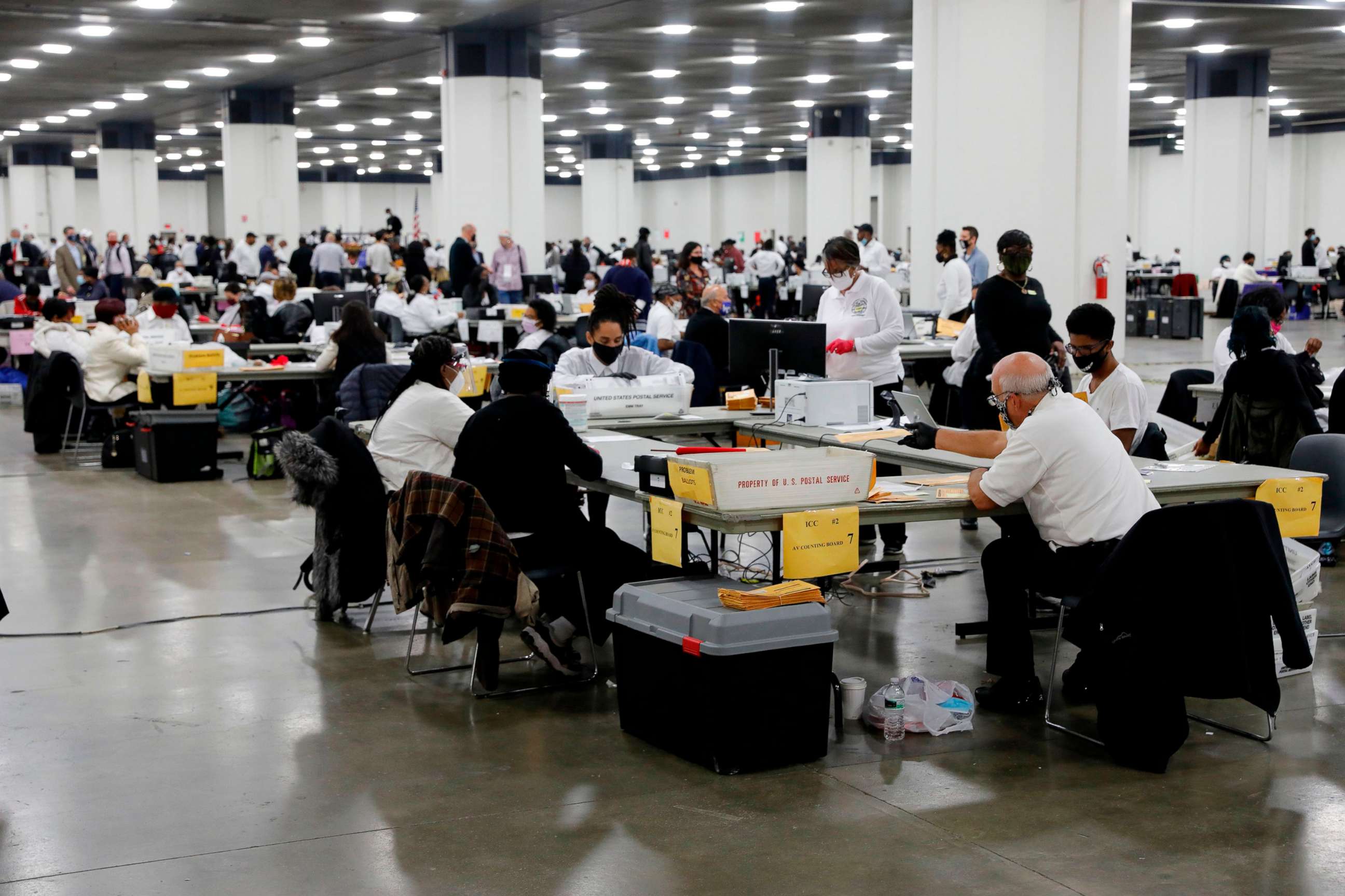 PHOTO: In this Nov. 4, 2020, file photo, election workers work on counting absentee ballots for the 2020 general election at TCF Center, on Nov. 4, 2020, in Detroit.