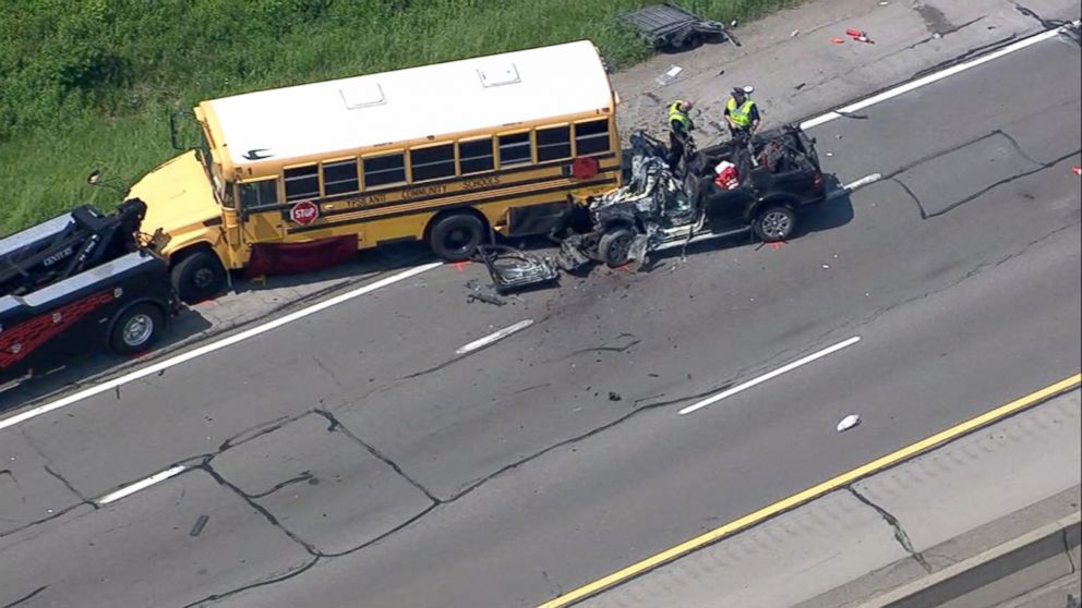 PHOTO: A crash involving a school bus on Interstate 94 near Pittsfield Township, Michigan, killed one person and injured five more.