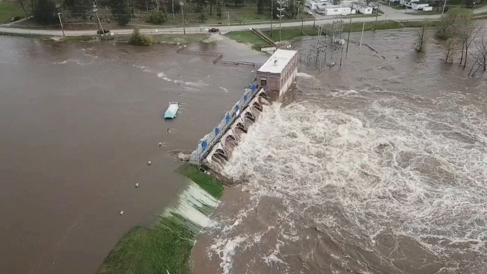 PHOTO: An aerial view of flooding as water overruns Sanford Dam, Michigan, May 19, 2020.