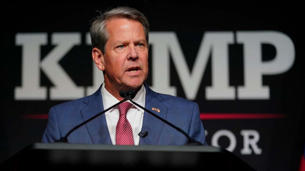 PHOTO: Georgia Gov. Brian Kemp speaks during an election-night watch party in Atlanta, May 24, 2022.