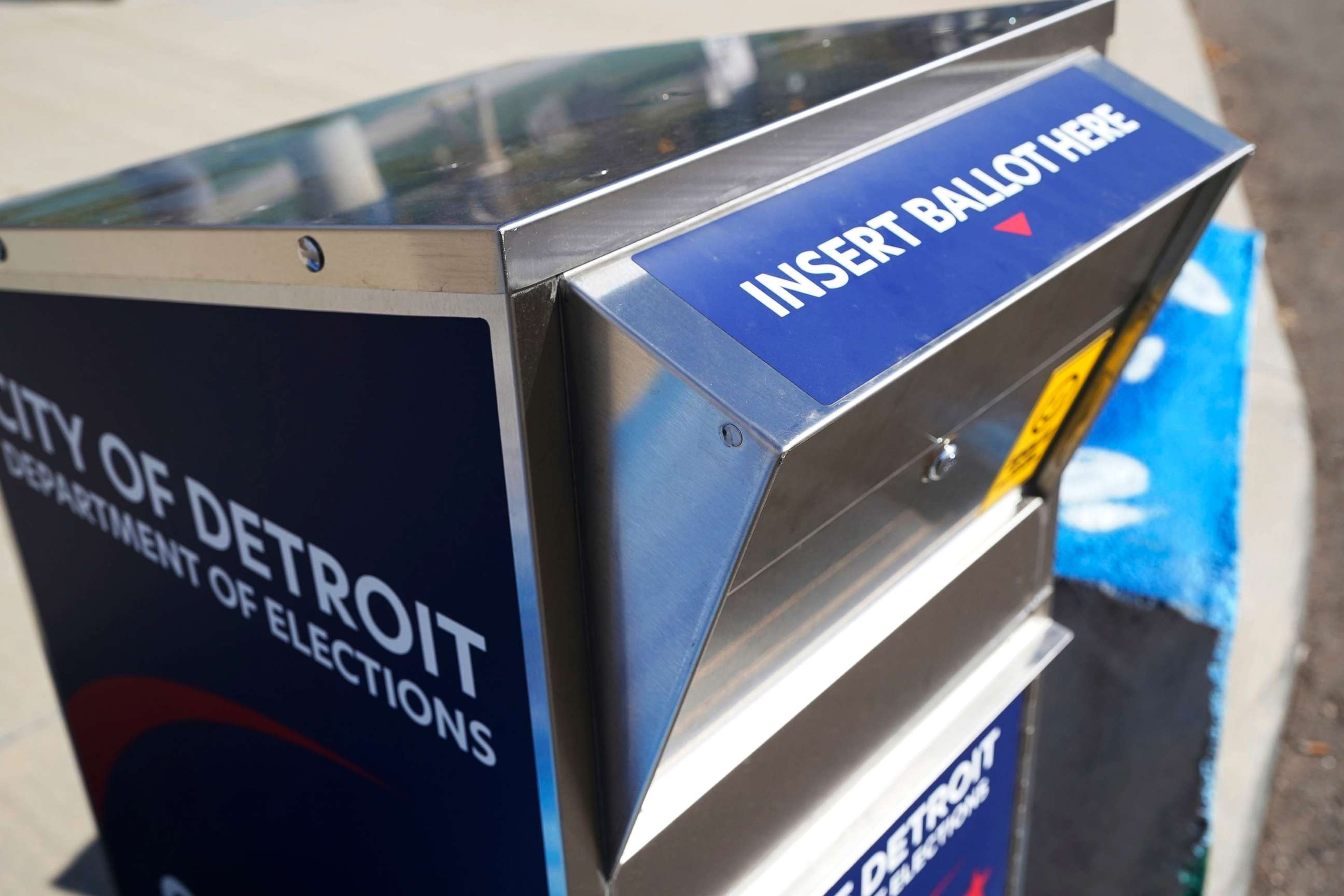 PHOTO: A ballot drop box where voters can drop off absentee ballots instead of using the mail in stands in Detroit, Oct. 16, 2020.