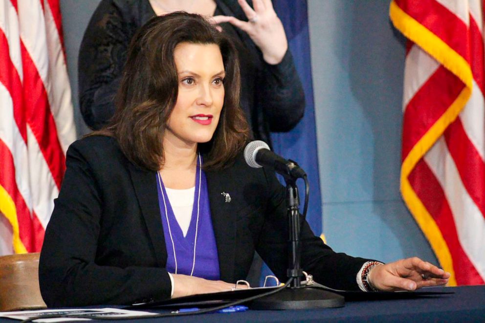 PHOTO: Michigan Gov. Gretchen Whitmer addresses the state during a speech in Lansing, Mich., April 17, 2020.