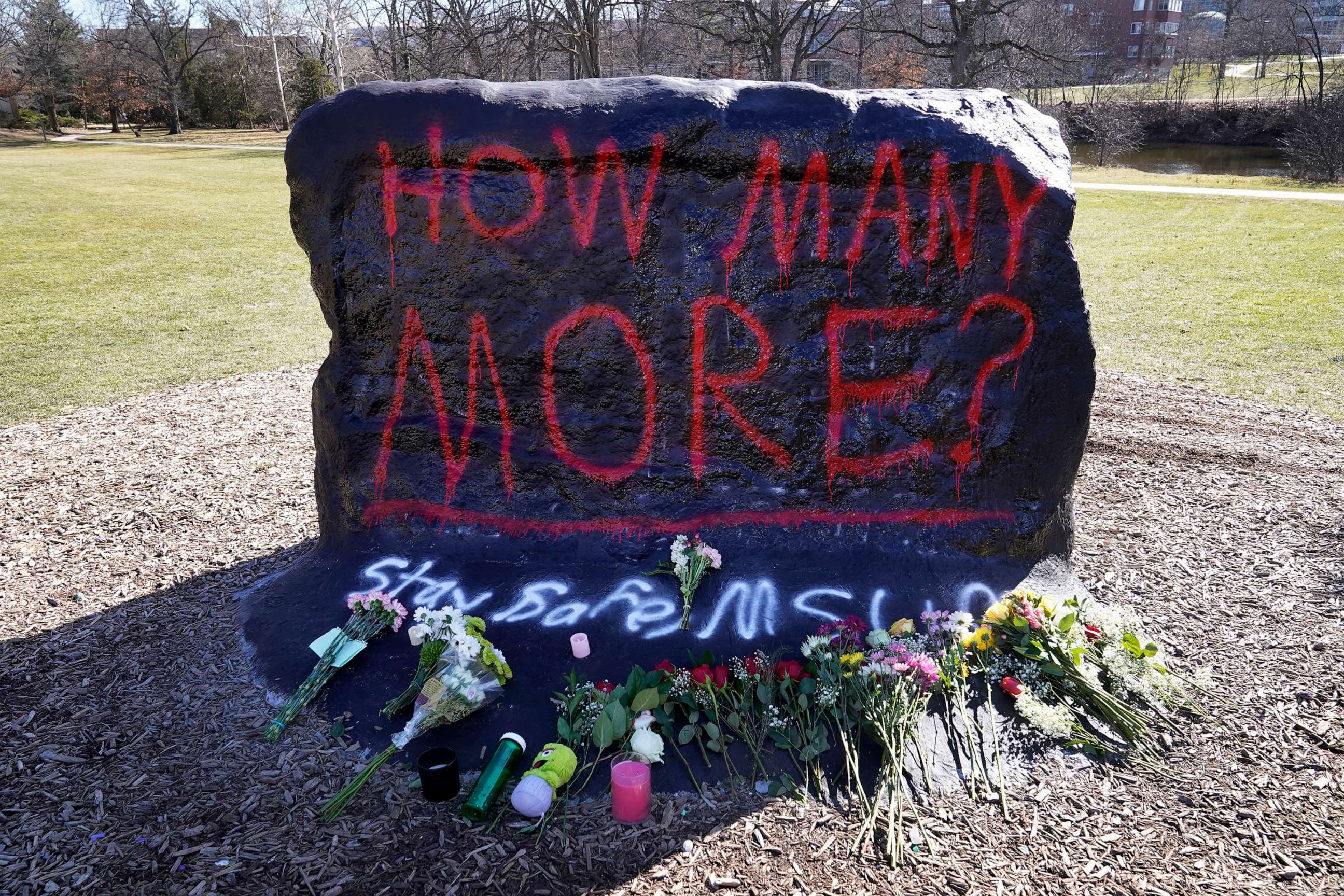 PHOTO: Flowers are displayed at The Rock at Michigan State University, on Feb. 14, 2023, in East Lansing, Mich.