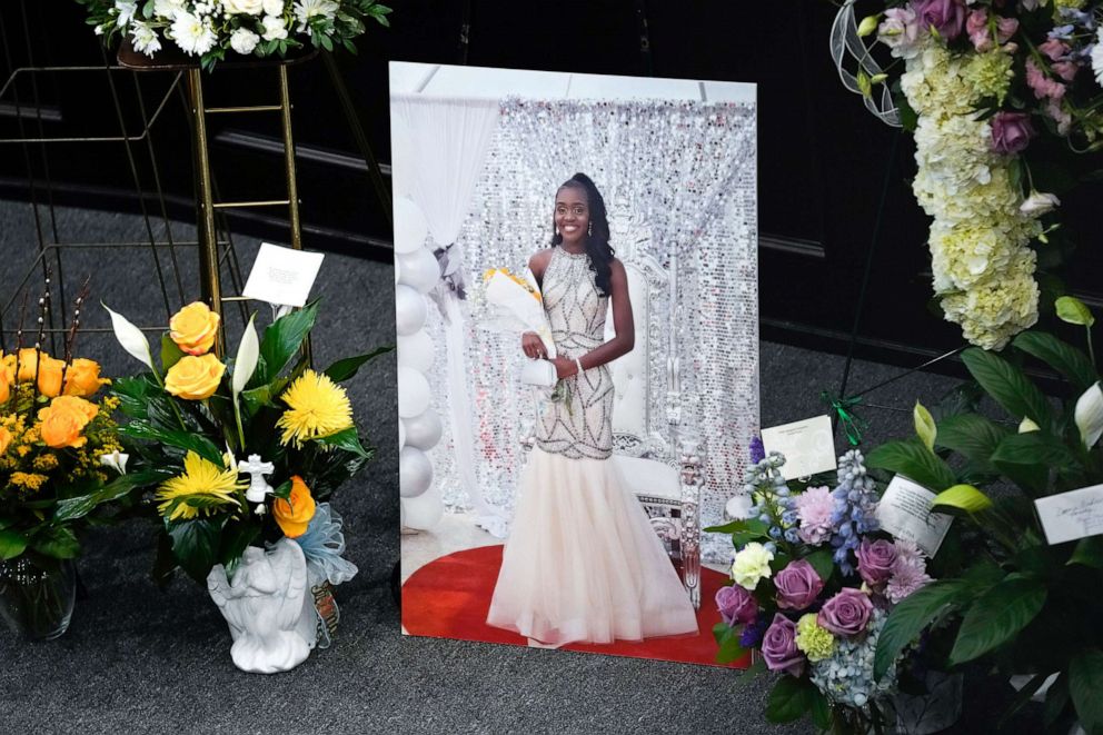 PHOTO: Flowers are shown near a photo of Michigan State University shooting victim Arielle Anderson at a funeral in Detroit, Feb. 21, 2023.