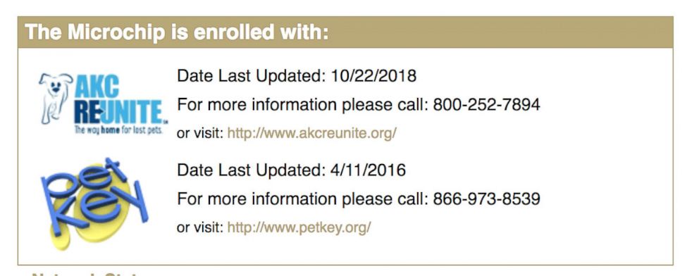 PHOTO: A screengrab showing Kameroun Mares' dog's microchip, registered with two different companies. 