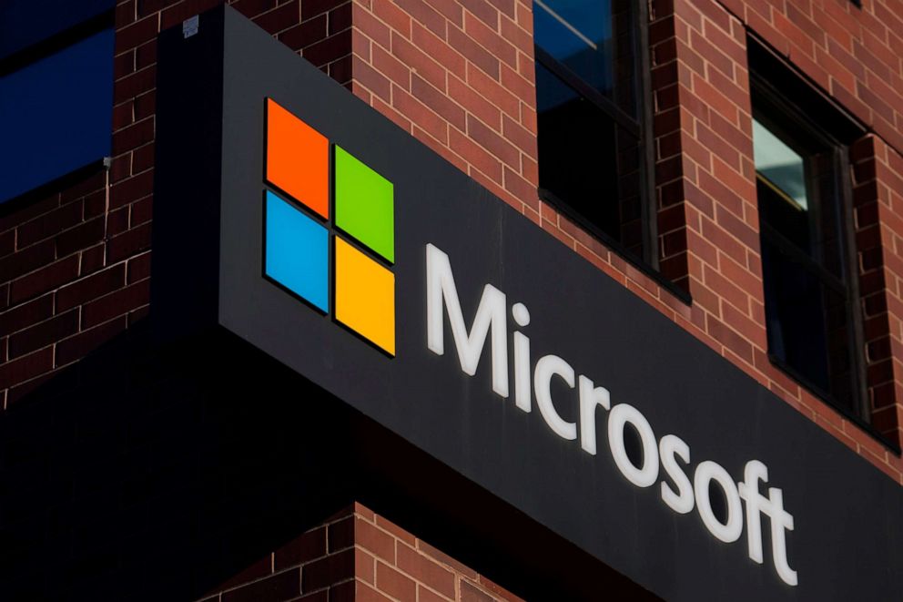 PHOTO: In this file photo taken on March 18, 2017, a sign for Microsoft is seen on a building in Cambridge, Massachusetts.