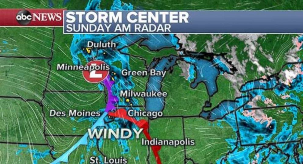 PHOTO: More rain and gusty winds are developing in the Midwest on Sunday.
