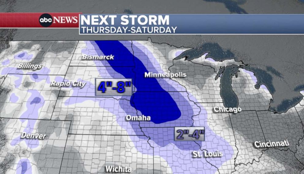 PHOTO: Areas of the Midwest could receive 4 to 8 inches of snow over the next few days.