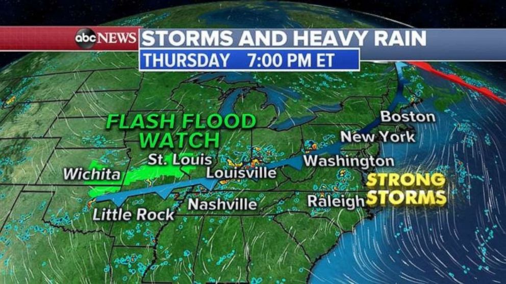 PHOTO: A cold front will bring heavy rain and flash flood watches to the East Coast.