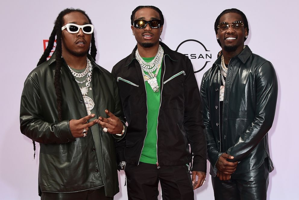 PHOTO: Migos band members Takeoff, Quavo and Offset, arrive at the BET Awards, June 27, 2021, in Los Angeles.