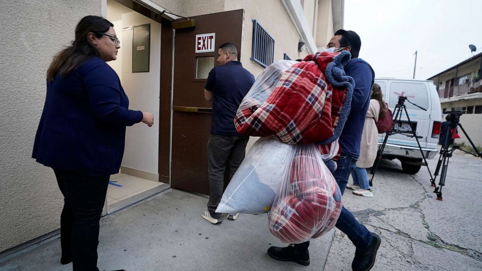 PHOTO: Official bring new blankets into St. Anthony's Croatian Catholic Church in Los Angeles on Wednesday, June 14, 2023.