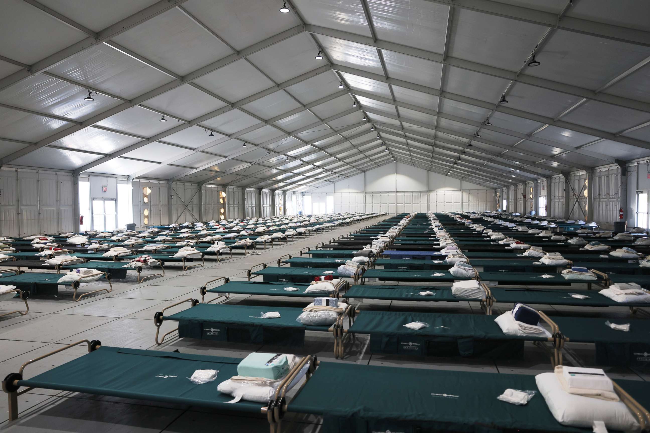 PHOTO: Beds are seen in the dormitory at the Randall's Island Humanitarian Emergency Response and Relief Center, Oct. 18, 2022, in New York City.