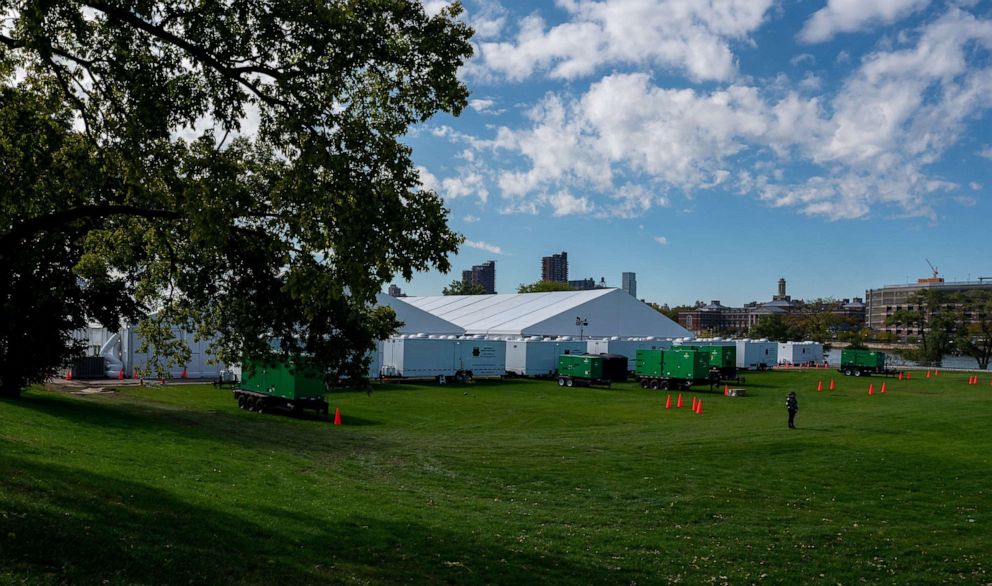 PHOTO: The Humanitarian Emergency Response and Relief Center, designed to process and temporarily house migrants arriving from other states on Randall's Island, Oct. 18, 2022, in New York City.