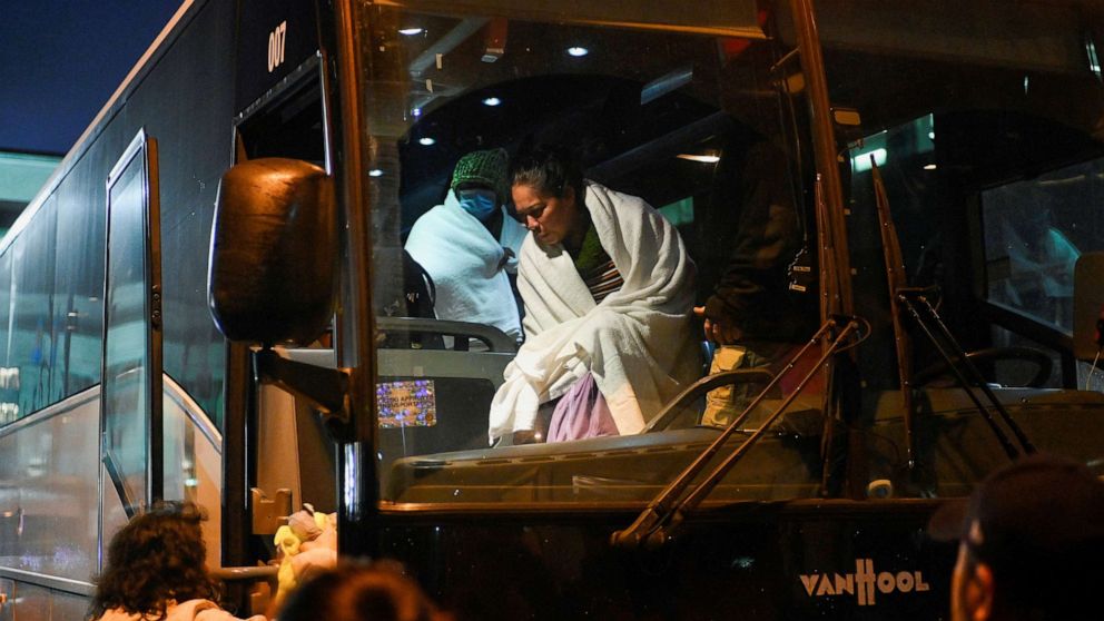 PHOTO: Migrants transported from the U.S. border arrive on a bus from Texas and are taken by city officials to wait for relocation, in Philadelphia, Nov. 16, 2022.