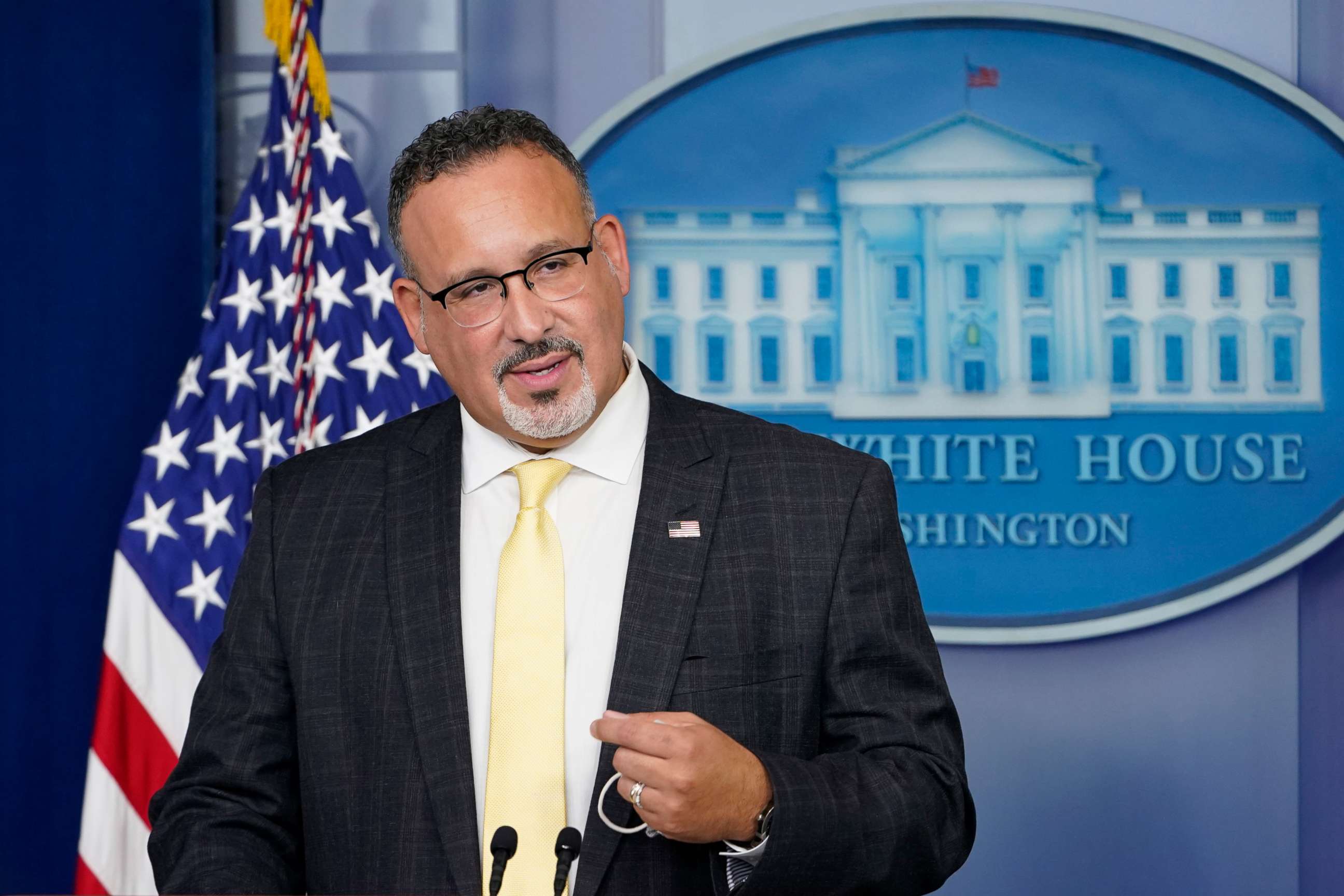 PHOTO: Education Secretary Miguel Cardona speaks during the daily briefing at the White House in Washington, Aug. 5, 2021.