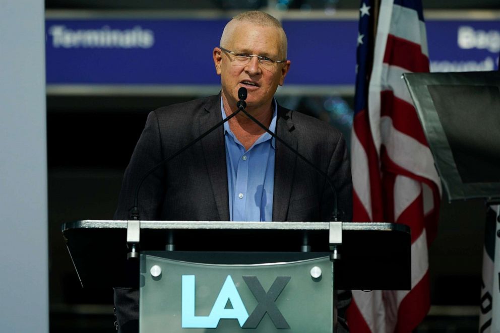 PHOTO: Los Angeles City Councilman Mike Bonin speaks during a news conference at the Tom Bradley International Terminal at Los Angeles International Airport on May 24, 2021, in Los Angeles.