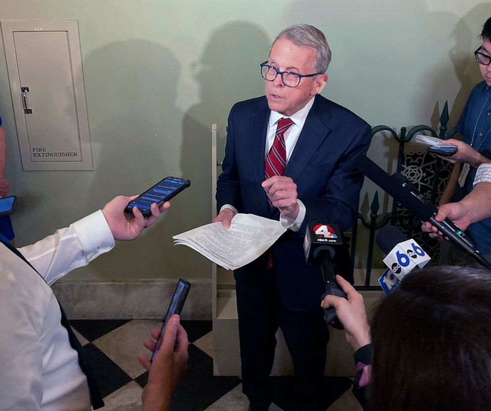 PHOTO: Ohio Gov. Mike DeWine discusses proposals to improve school safety in the state following this week's massacre of 19 children and two teachers in a Texas elementary school, May 27, 2022, in Columbus, Ohio.