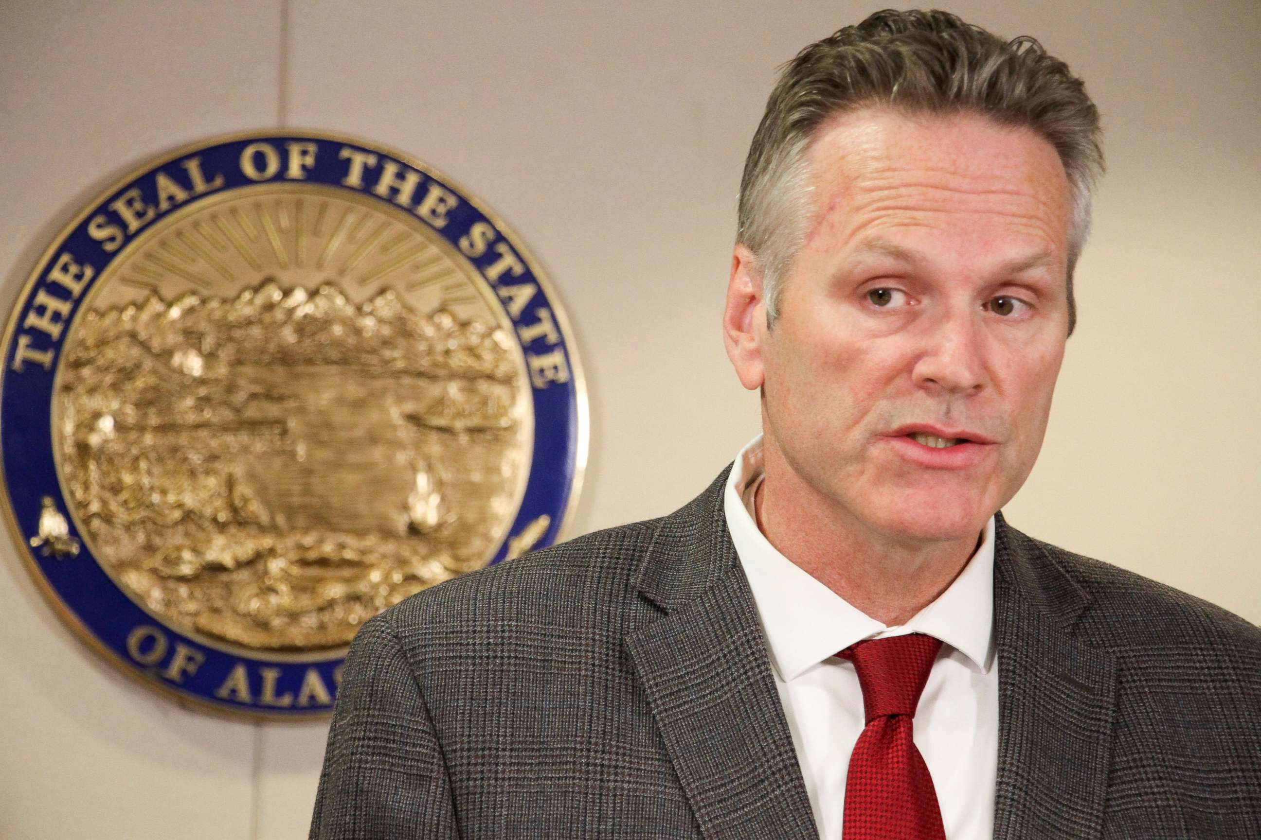 PHOTO: In this Sept. 27, 2019, file photo, Alaska Gov. Mike Dunleavy speaks at a news conference in Anchorage, Alaska. 