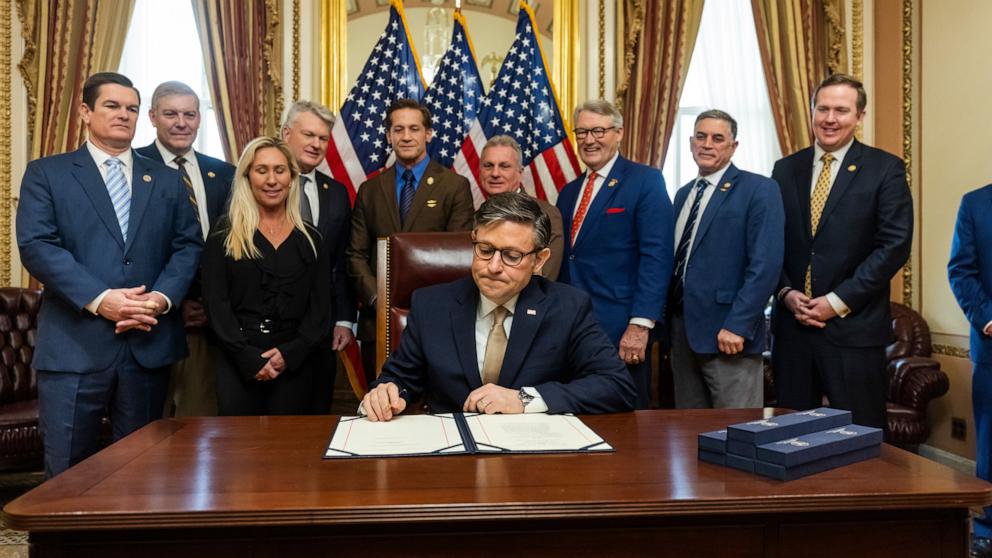 PHOTO: Speaker of the House Mike Johnson holds a bill signing ceremony for the Laken Riley Act in the US Capitol in Washington, Jan. 23, 2025.