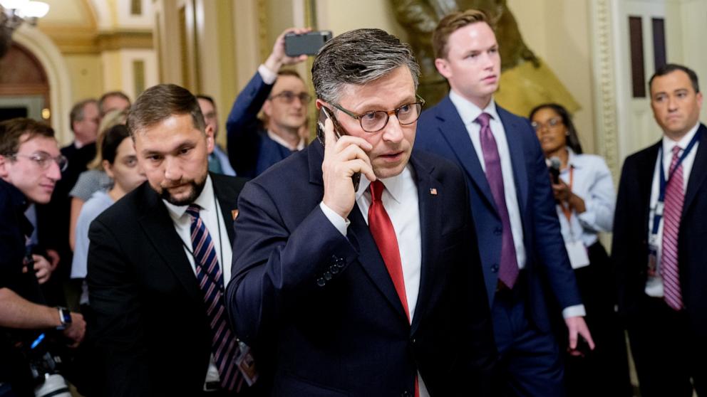 PHOTO: Speaker of the House Mike Johnson walks to his office at the U.S. Capitol, July 2, 2025 in Washington.