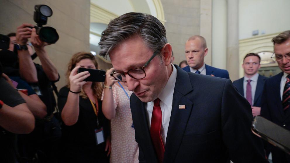 PHOTO: Speaker of the House Mike Johnson briefly speaks with reporters before leaving the U.S. Capitol during a procedural vote on the One, Big, Beautiful Bill Act, July 2, 2025 in Washington.