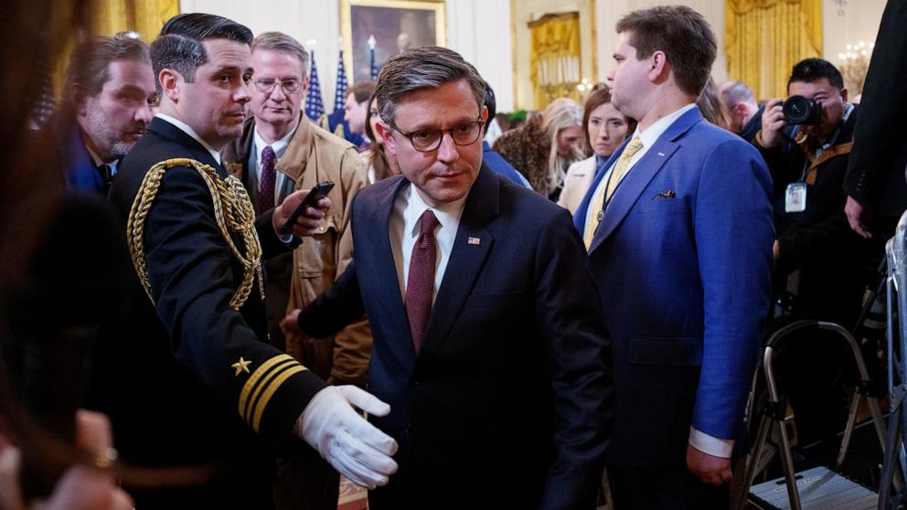 PHOTO: Speaker of the House Mike Johnson departs after President Donald Trump signs the "No Men in Women's Sports" executive order in the East Room of the White House, Feb. 5, 2025 in Washington.