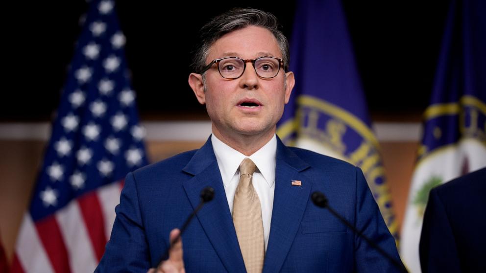 PHOTO: Speaker of the House Mike Johnson appears at a news conference on Capitol Hill, October 20, 2025 in Washington.