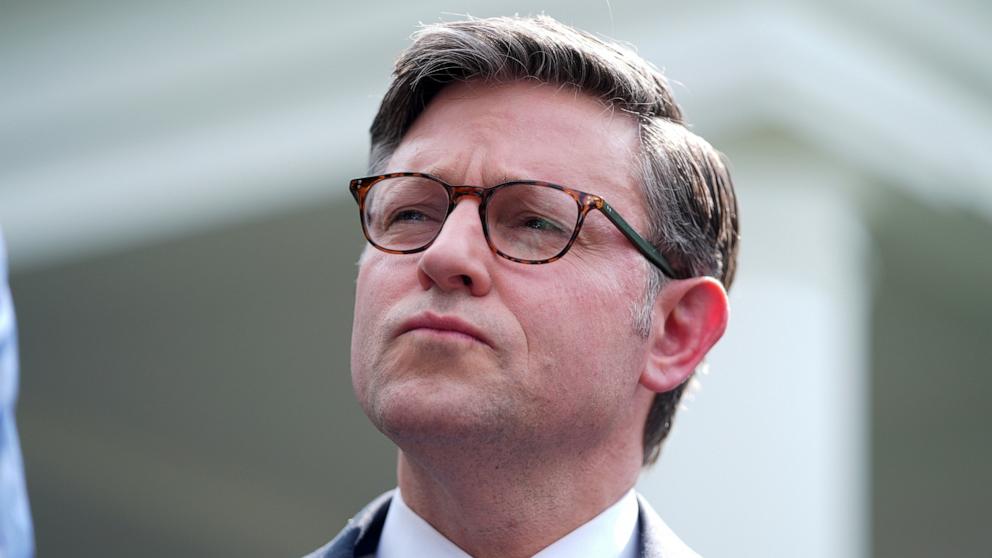 PHOTO: House Speaker Mike Johnson speaks to the press outside the White House in Washington, June 9, 2025. 